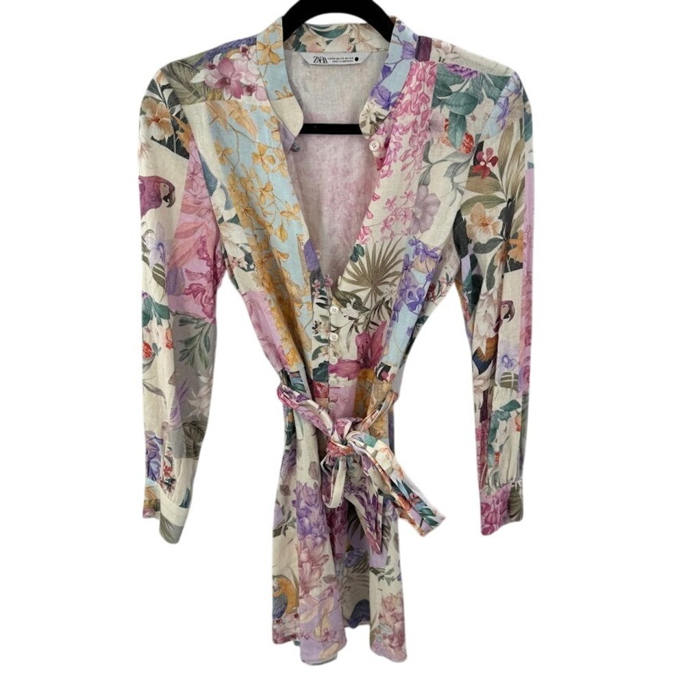 ZARA Floral Patchwork Mini Dress Long Sleeve Linen Blend Blogger Fav Size XS - Picture 4 of 9